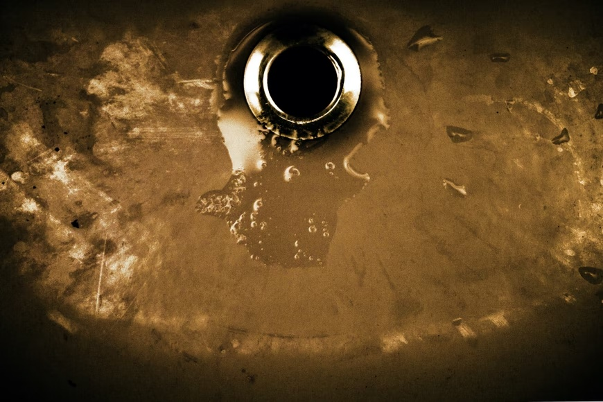 A clogged drain in a sink